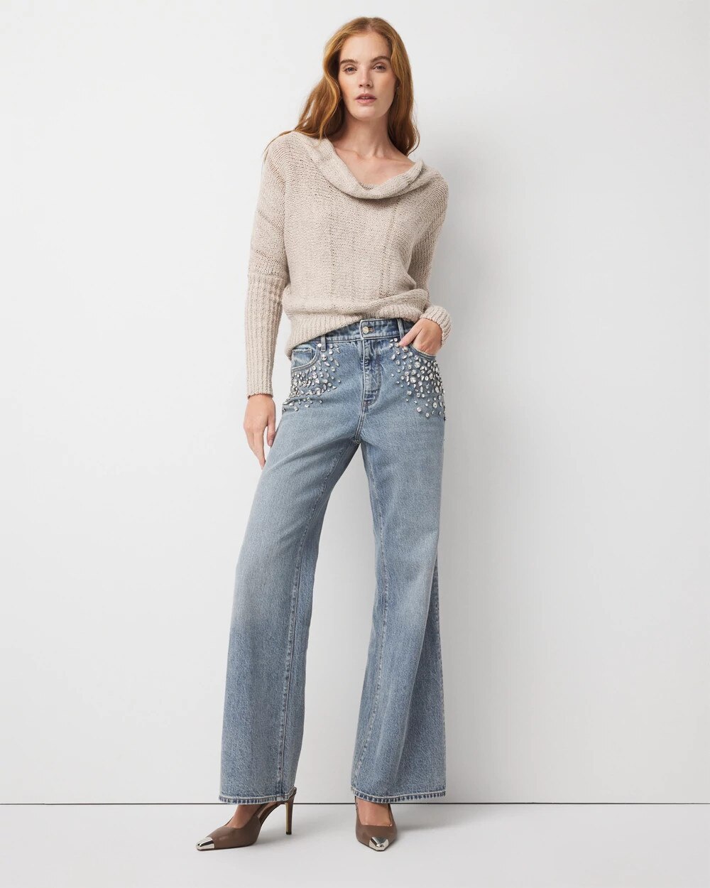 パンツ archive swagger Rhinestone wide denim WHBM_Crystal Pockets Wide